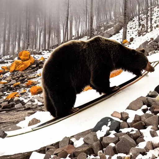 Prompt: a bear on a sled going down a lava mountain, super fun vibe