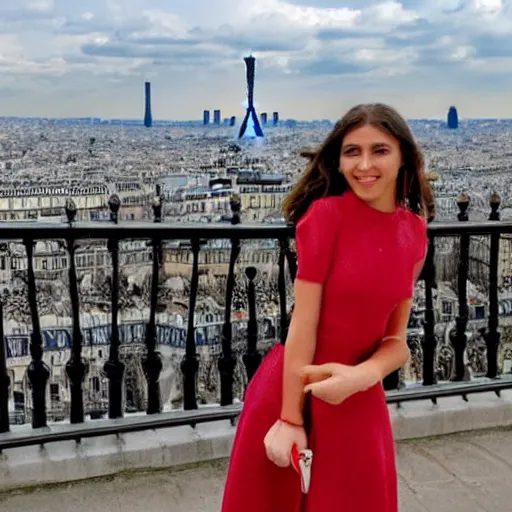 Prompt: the most beautiful girl on the planet, wide angle, paris on the background