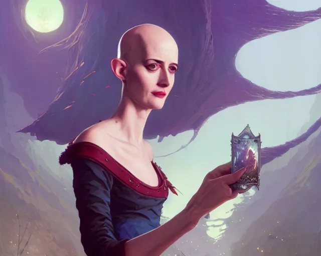 Image similar to highly detailed portrait of eva green as a bald elf mage, in gta v, stephen bliss, unreal engine, fantasy art by greg rutkowski, loish, rhads, ferdinand knab, makoto shinkai and lois van baarle, ilya kuvshinov, rossdraws, tom bagshaw, global illumination, radiant light, detailed and intricate environment