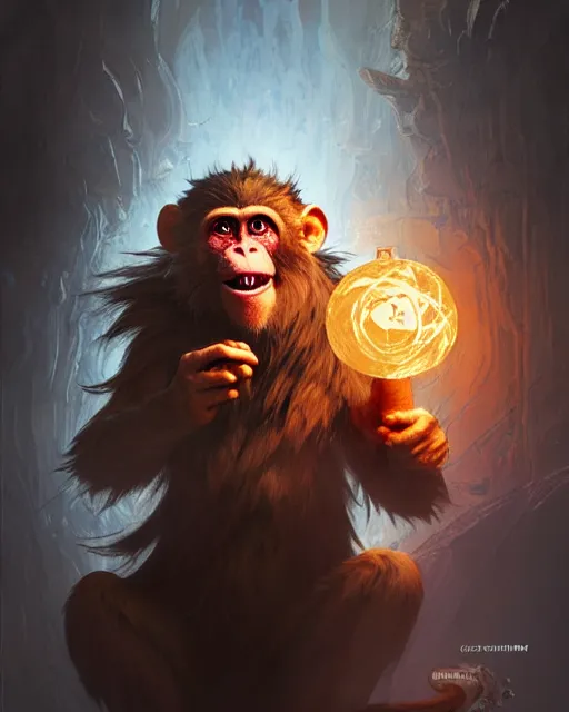 Image similar to Monkey Mad Scientist, laughing, D&D, artstation, fantasy, magic the gathering artwork, cinematic lighting, centered, symmetrical, highly detailed, digital painting, , concept art, smooth, sharp focus, illustration, volumetric lighting, epic Composition, 8k, art by Akihiko Yoshida and Greg Rutkowski and Craig Mullins, oil painting, cgsociety