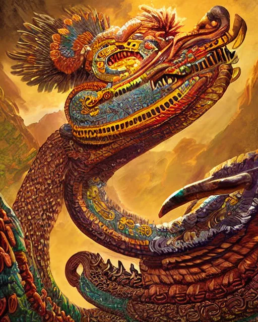 Prompt: digital painting of quetzalcoatl, mayan feathered serpent god, by filipe pagliuso and justin gerard, fantasy, highly detailed, intricate, sharp focus, tarot card