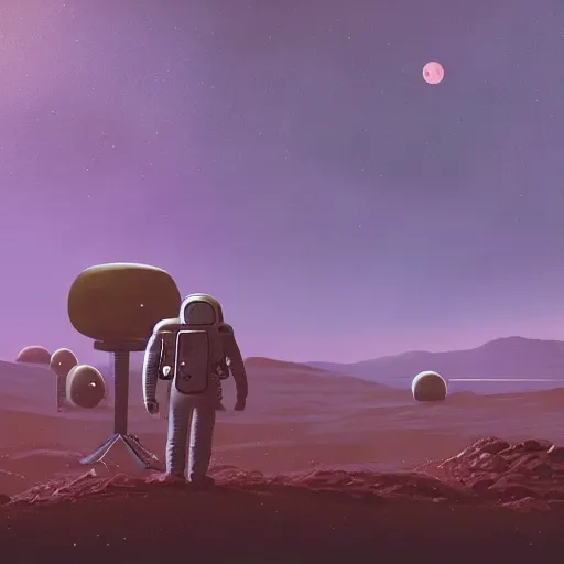 Prompt: An astronaut that has landed on a new planet and is trying to make sense of the alien world by Simon Stålenhag