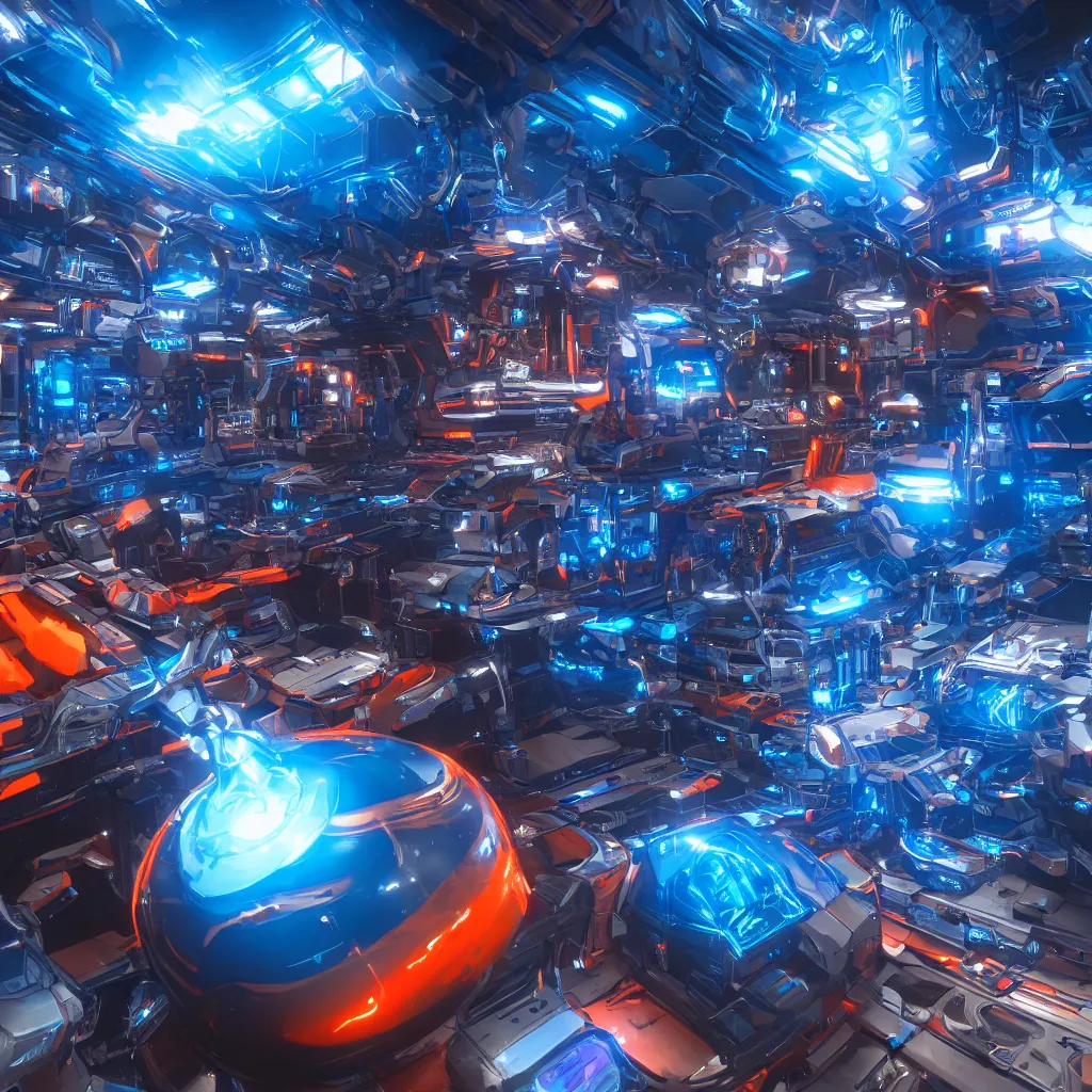 Prompt: cybernetic wonderland, artstation, raytracing, unreal engine, blue, orange