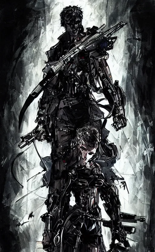 Prompt: futuristic vampire hunter, character design concept art, by yoji shinkawa