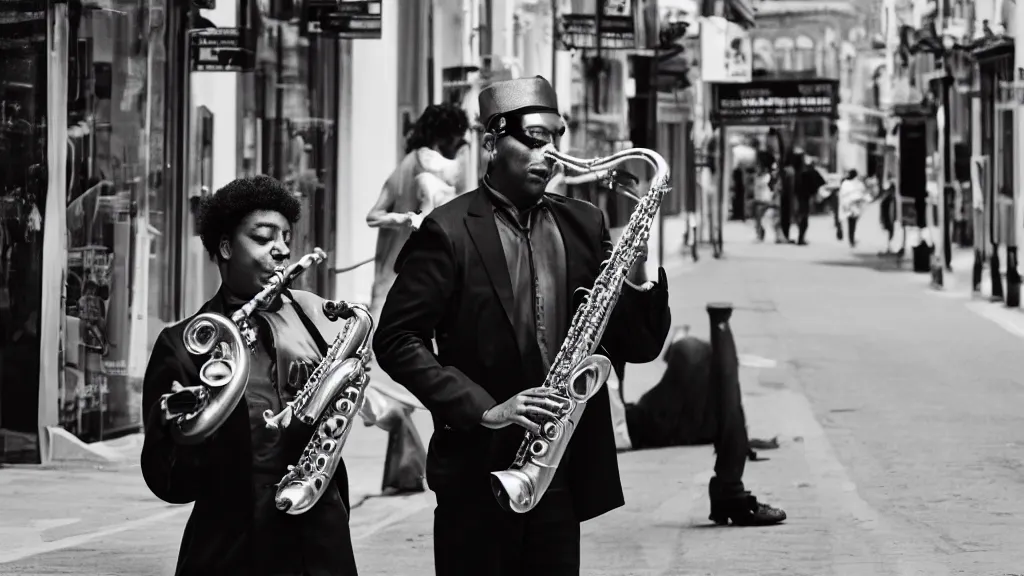 Prompt: a black and white photo of a man playing saxophone on the street.