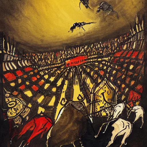 Image similar to ecstatic by alexander jansson dark black, ochre. a illustration of a bullfight in spain. the illustration is set in an arena with spectators in the stands. several figures in the illustration, including a matador & a bull.