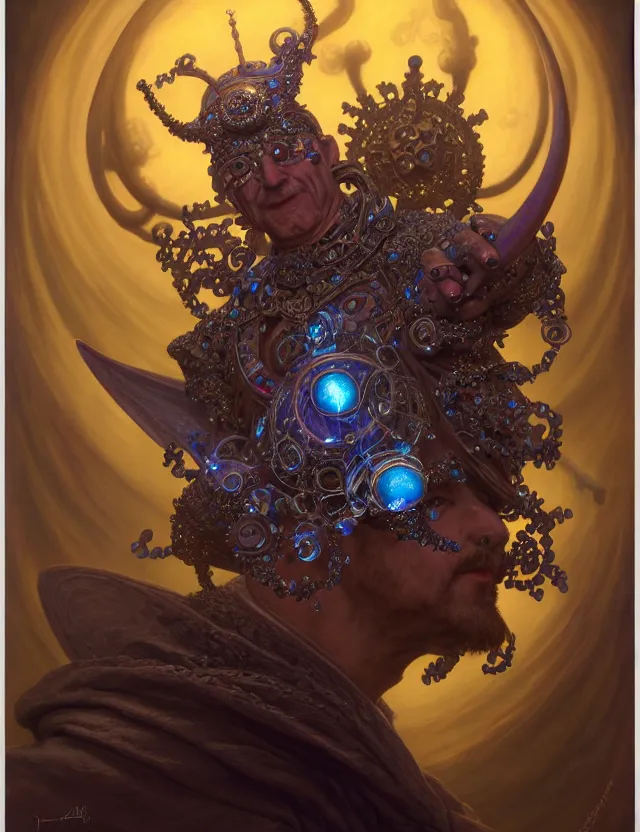 Image similar to front shot of a court jester character, hyperdimensional, bioluminescent hypercubes, ((intricate)), elegant, highly detailed, centered, (((artstation, concept art, smooth, sharp focus, artgerm, Tomasz Alen Kopera, Peter Mohrbacher, donato giancola, Joseph Christian Leyendecker, WLOP, Boris Vallejo))), mugshot!!!!!, ugly!!!!!!, octane render, nvidia raytracing demo, grainy, muted, 8K, digitalblasphemy