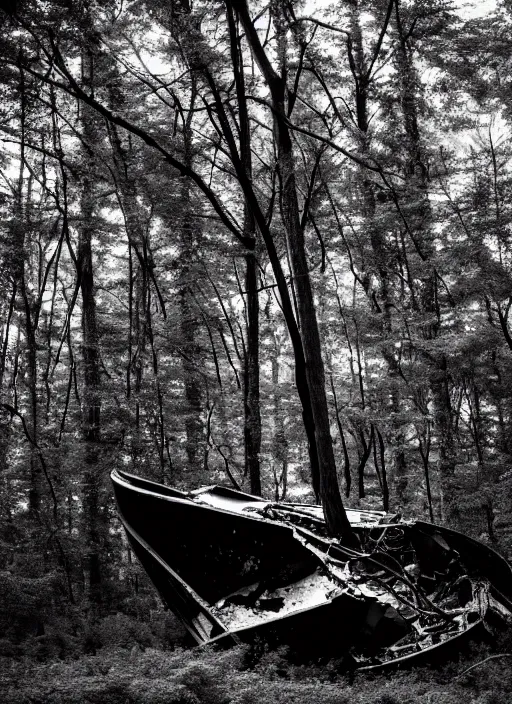 Prompt: crashed vessel in a monochromatic forest