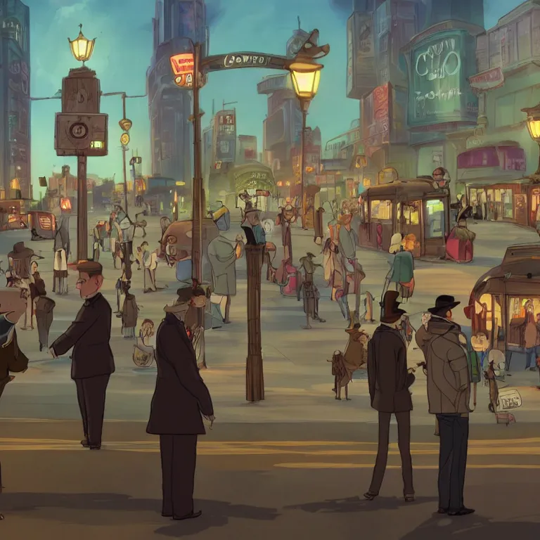 Image similar to few people waiting in a bus stop in dark city night, screenshot from Zootopia