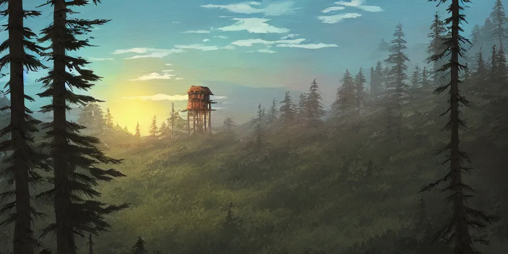 Image similar to dawn behind a very high tower made of wood, on the top of a summer hill, forest, painted by miyazaki, ghibli, artstation