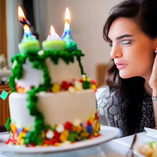 Prompt: close - up beautiful woman sitting in front of a table staring at her birthday cake.