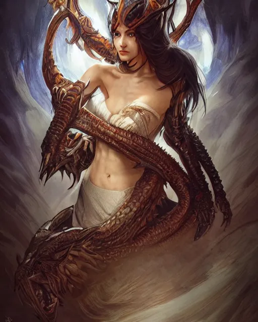 Image similar to Portrait of a draconic humanoid, HD, illustration, epic, D&D, fantasy, intricate, elegant, highly detailed, digital painting, artstation, concept art, smooth, sharp focus, illustration, art by artgerm and greg rutkowski and alphonse mucha, monster hunter illustrations art book