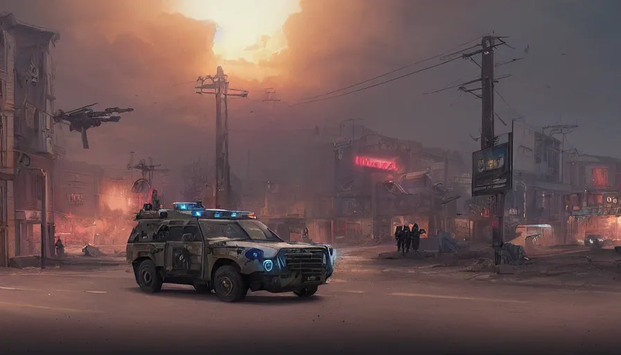 Image similar to a militarized police vehicle riding through an orwellian town, police searching the area, action scene, an epic fantasy, dramatic lighting, cinematic, establishing shot, extremely high detail, photorealistic, cinematic lighting, artstation, octane render, by simon stalenhag, horizon forbidden west