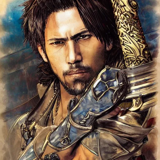 Prompt: portrait of a white and hispanic hero holding his sword in front of his face by yoji shinkawa, high quality, extra details, realism, ornate, colored, golden chain, blood