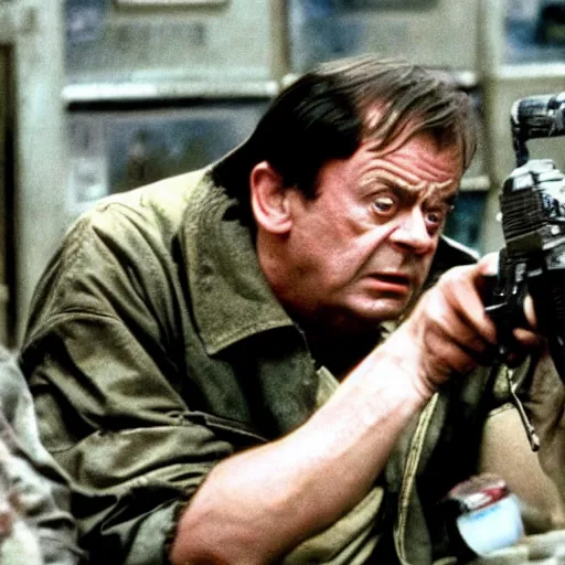 Prompt: del boy in aliens, epic quality, hard sci fi, dramatic, sharp focus, realistic, 4 k, dimly lit