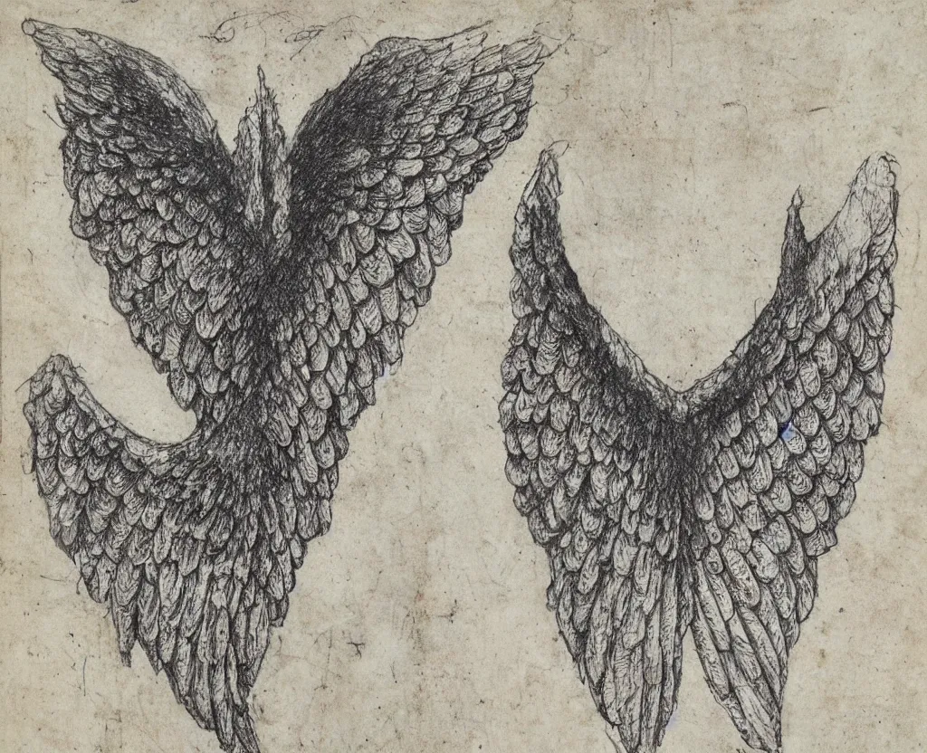 Prompt: ancient majestic, regal, humanoid creature, fantasy, angel wings, torso and head, bust, musculature, diagram, sketchbook, greys anatomy book, etching, intaglio, on old distressed parchment paper,