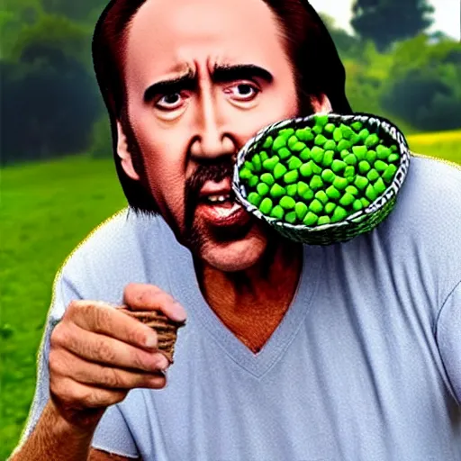 Image similar to nicolas cage with a wicker basket over head screaming with a mouth full of peas