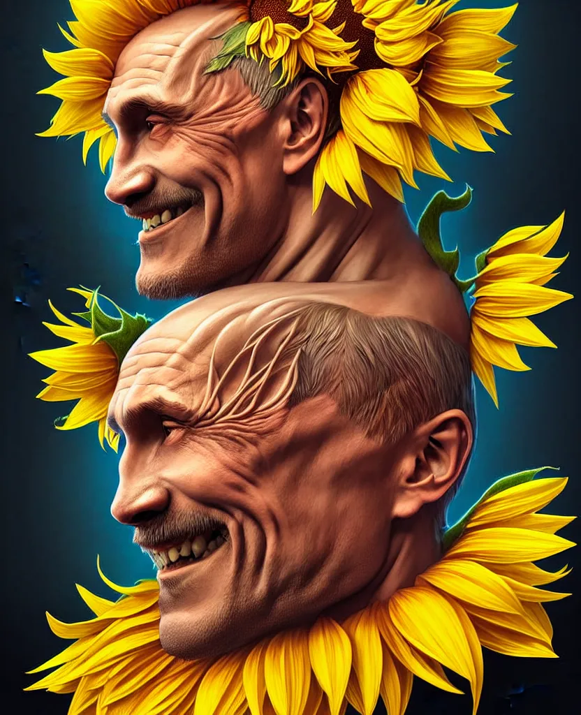 Image similar to digital art, centered full body of Putin smiling king, Sunflower crown, ,intricate, veins, by James Jean and by artgerm , by ross tran ultradetailed, charachter design, concept art, trending on artstation,