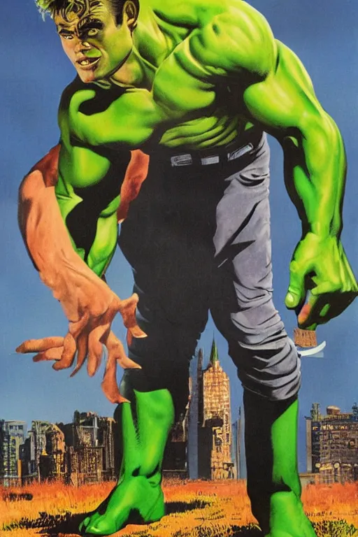 Prompt: james dean as the incredible hulk! towering, tall, large, huge, big! detailed photoillustration.