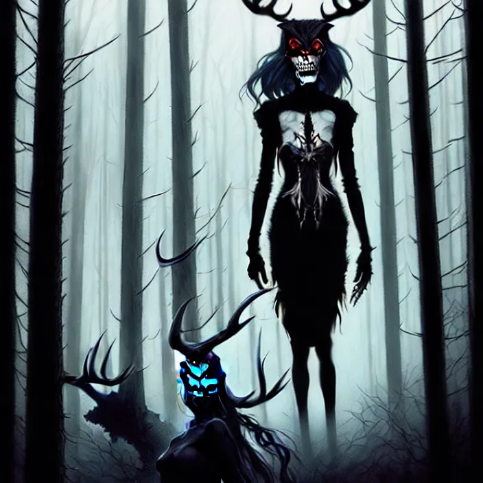 Image similar to style artgerm, joshua middleton, steve niles, gerald brom, scary wendigo with antlers and skull face mixed with werewolf, beautiful witch wearing a black dress on the right side, in the forest, detailed, dark and foggy, cinematic lighting