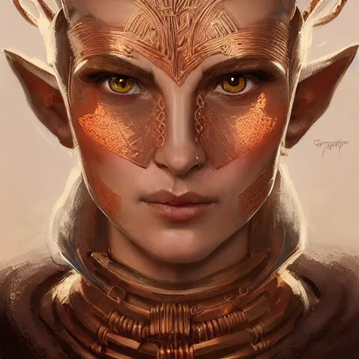 Prompt: A head-on, symmetrical detailed oil portrait of an elf woman with small horns of copper, copper-colored eyes and wearing a simple white robe, by greg rutkowski, trending on artstation, dungeon and dragons art