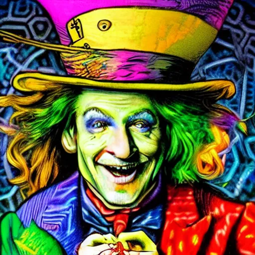 Image similar to A psychedelic vivid hallucination of the mad hatter eating himself while mushrooms dance around his head.