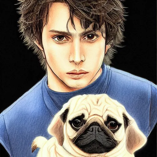 Prompt: self portrait, young white hispanic handsome man with short light brown hair and light skin holding a pug for a picture, pencil art, added detail, high definiton, colored, backfacing, by yoji shinkawa