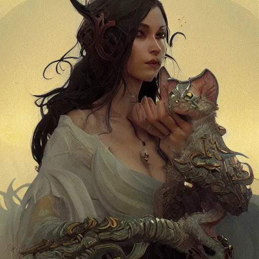 Prompt: demonkitty, d & d, fantasy, intricate, elegant, highly detailed, digital painting, artstation, concept art, matte, sharp focus, illustration, art by greg rutkowski and alphonse mucha