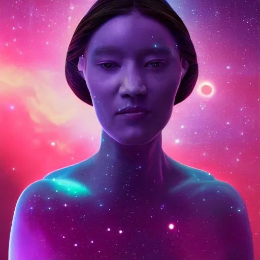 Image similar to A beautiful portrait of female cosmic being with a nebula as its body by Beeple, 8K, UHD , Trending on artstation.