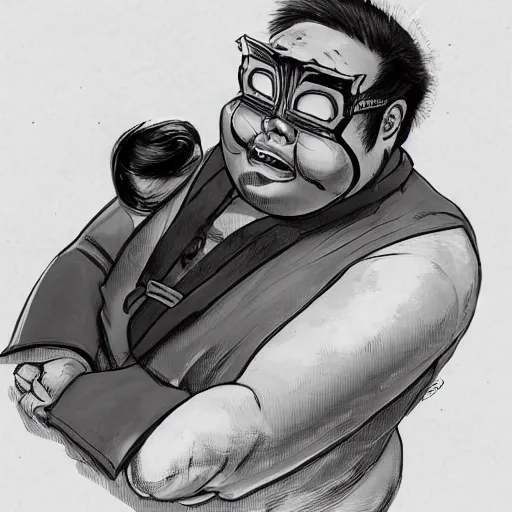 Image similar to an insanely detailed painting of a chubby nerdy asian man wearing a homemade superhero costume and mask, sitting at a computer desk typing on the keyboard, in the style of peter mohrbacher, dramatic lighting and composition, trending on artstation, concept art, comic book, graphic novel, back view