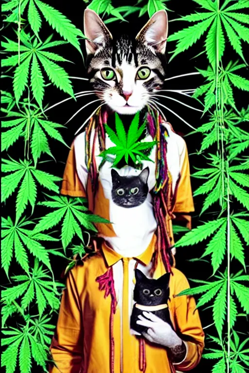 Image similar to A cat with the fashion sense Of Bob Marley floating in space with cannabis