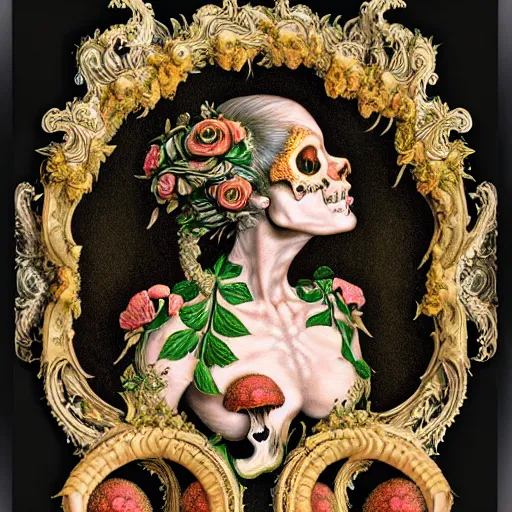 Image similar to a beautiful detailed front view rococo portrait of a rotten woman corpse becoming almost a skull with fractal plants and fractal flowers and mushrooms growing around, intricate, ornate, volumetric light, beautiful lit, polaroid photography, the northman