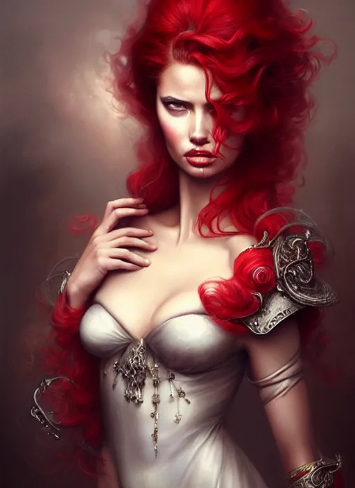 Prompt: a beautiful woman with baroque dress, red hair, adriana lima, painted by artgerm and tom bagshaw, fantasy art, dramatic lighting, highly detailed oil painting