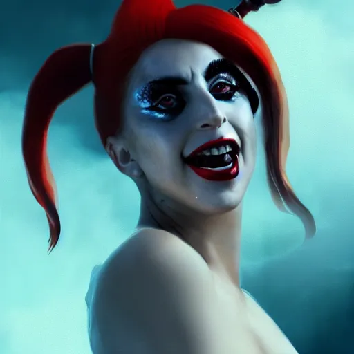 Image similar to a close up of lady Gaga as Harley Quinn by Greg Rutkowski, Sung Choi, Mitchell Mohrhauser, Maciej Kuciara, Johnson Ting, Maxim Verehin, Peter Konig, Zack Snyder, 8k photorealistic, cinematic lighting, HD, high details, dramatic, trending on artstation, full body shot