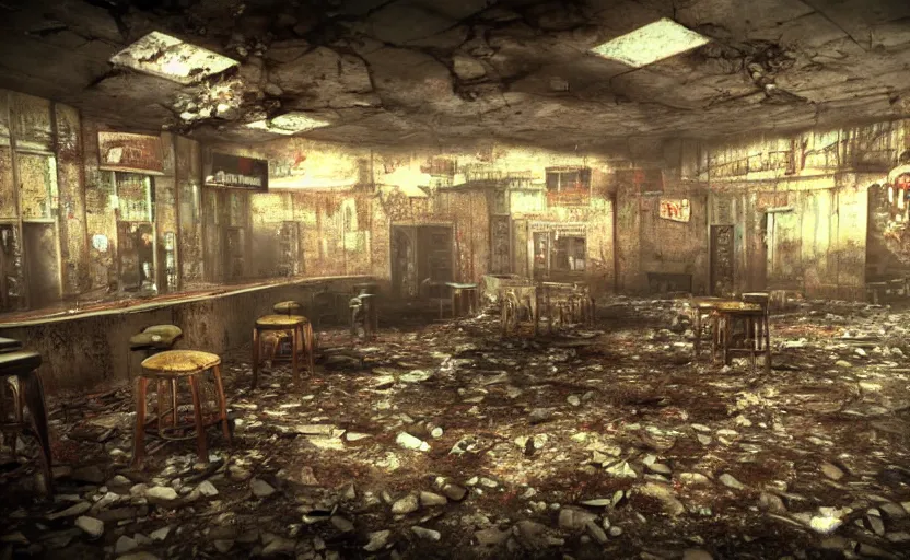 Prompt: horror photography of the rundown ruins of a 5 0 s bar in a tacky casino in fallout new vegas by lori nix, hdr, unreal engine