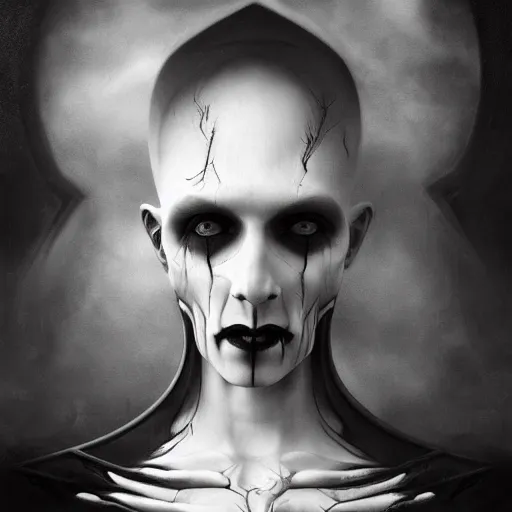 Image similar to By Tom Bagshaw, ultra realist soft painting of a gothic crypt by night, male vampire smile, horror, omnious sky, symmetry accurate features, very intricate details, black and white, volumetric light clouds