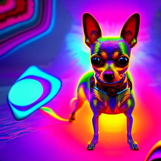 Image similar to a psychedelic chihuahua living in an extradimensional reality, in the style of wlop, illustration, epic, fantasy, hyper detailed, smooth, unreal engine, sharp focus, ray tracing, physically based rendering, renderman, beautiful