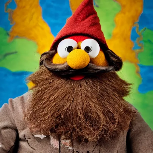 Image similar to an artificer dwarf muppet with a big beard and an obsession for gold and gems who loves to sleep on rocky terrain, sesame street, photograph, photography, ultrarealistic, national geographic