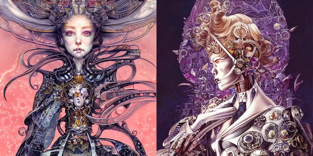 Prompt: portrait of a beautiful cyborg crazy princess wearing a luxurious dress, face is highly detailed, by masamune shirow, ayami kojima, josan gonzalez, yoshitaka amano, dan mumford, barclay shaw