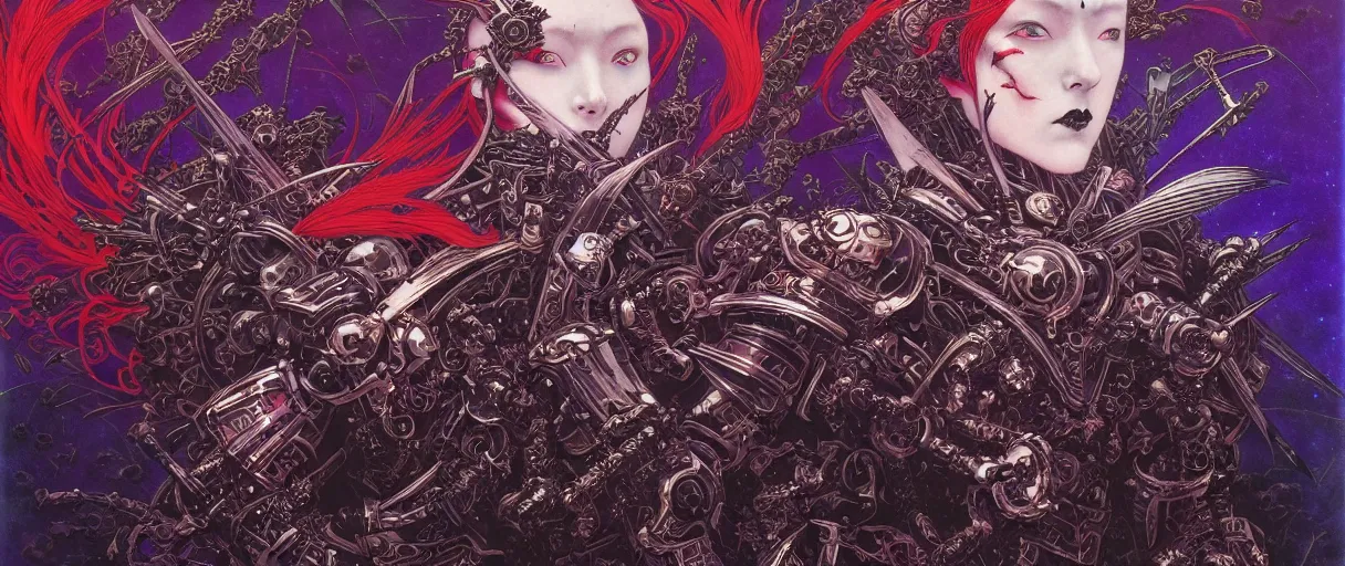 Prompt: composition of gothic and futuristic, warhammer, cyber japan style armor, more scars and fire, many mechflowers, red head, some purple and blue, the middle ages, highly detailed, artstation, in the style of moebius, jugendstil and classic japanese print, psychedelic, art by agostino arrivabene, vanessa beecroft