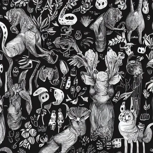 Image similar to animals and plants on a black background, wallpaper, Illustration, Anatomical Drawing, Painting