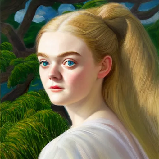 Prompt: professional painting of Elle Fanning in the style of Marianne North, head and shoulders portrait, symmetrical facial features, smooth, sharp focus, illustration, intricate, stormy weather, extremely detailed masterpiece,