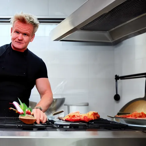 Prompt: Gordon Ramsey cooking a unicorn in a intricate kitchen 4k