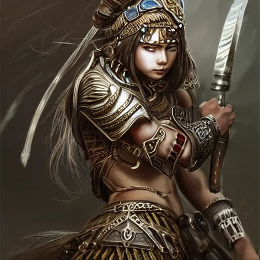 Prompt: beautiful extremely detailed intricate concept art depicting a warrior by wlop. shining jewelry.