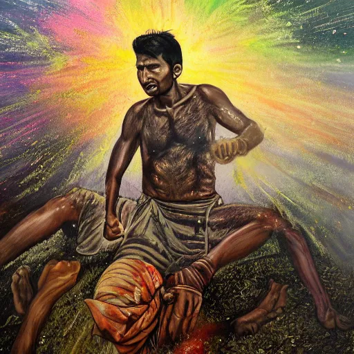 Image similar to portrait of head and body, single bangla farmer fighting on hoseback, hand to hand combat with machete, wielding machete, lungi, full body view, long flowing hair, fighting for his life, nebula aura surrounding subject, horseback combat attacker foreground, background of invading army, nestor canavarro hyperrealist art style, sharp outlines