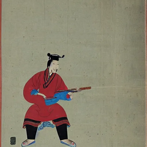 Image similar to ancient chinese painting of Genghis Khan smoking a joint and a playing a lute