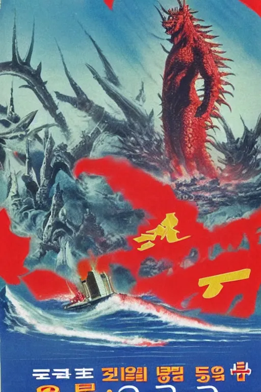 Image similar to a communist propaganda poster of Kim Jong-il and Starro Kaiju monster destroying Pyongyang, in Godzilla (1954) by Ishirō Honda, traditional Korean city, palace, epic ultrawide shot, cinémascope