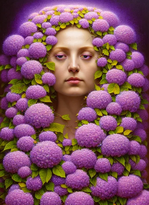 Prompt: a lilac hair beautiful goddess of light, colourful hydrangeas flowers, soft roses, and dried petals, painterly, emotionally evoking methaphoric, and ornamental, intricate and elegant, highly detailed photorealistic painting, decorative lines, sharp focus, golden ratio, by tomasz alen kopera and zdzisław beksinski,