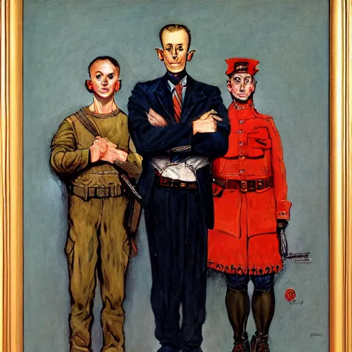 Prompt: portrait of a proud man flanked by two private soldiers. He has his hands on their shoulders. By Norman Rockwell and Gerald Brom