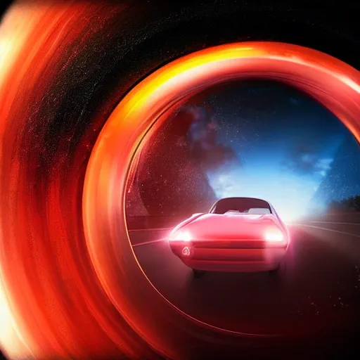 Image similar to car go through a black hole, photorealistic, realistic, dramatic, cinematic, photography